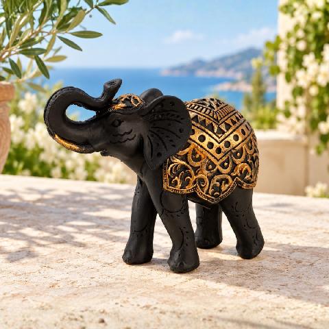 DECO ELEFANTE NEGRO Y ORO 8cm.