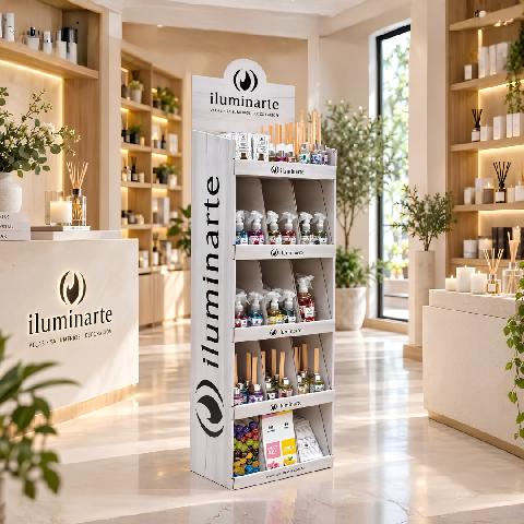 EXHIBIDOR ILUMINARTE DE PIE ( CARTON SIMIL MADERA )