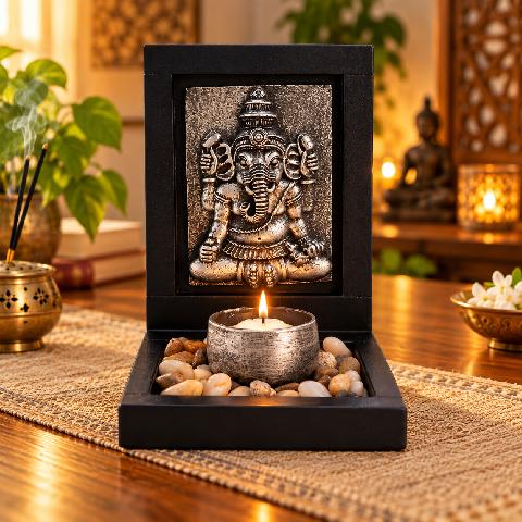 PORTA VELA GANESHA PLATA 17 x 12cm.