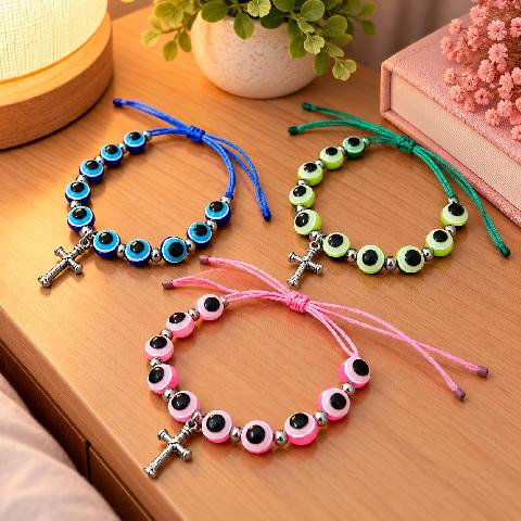 PULSERA DE OJITOS CON CRUZ